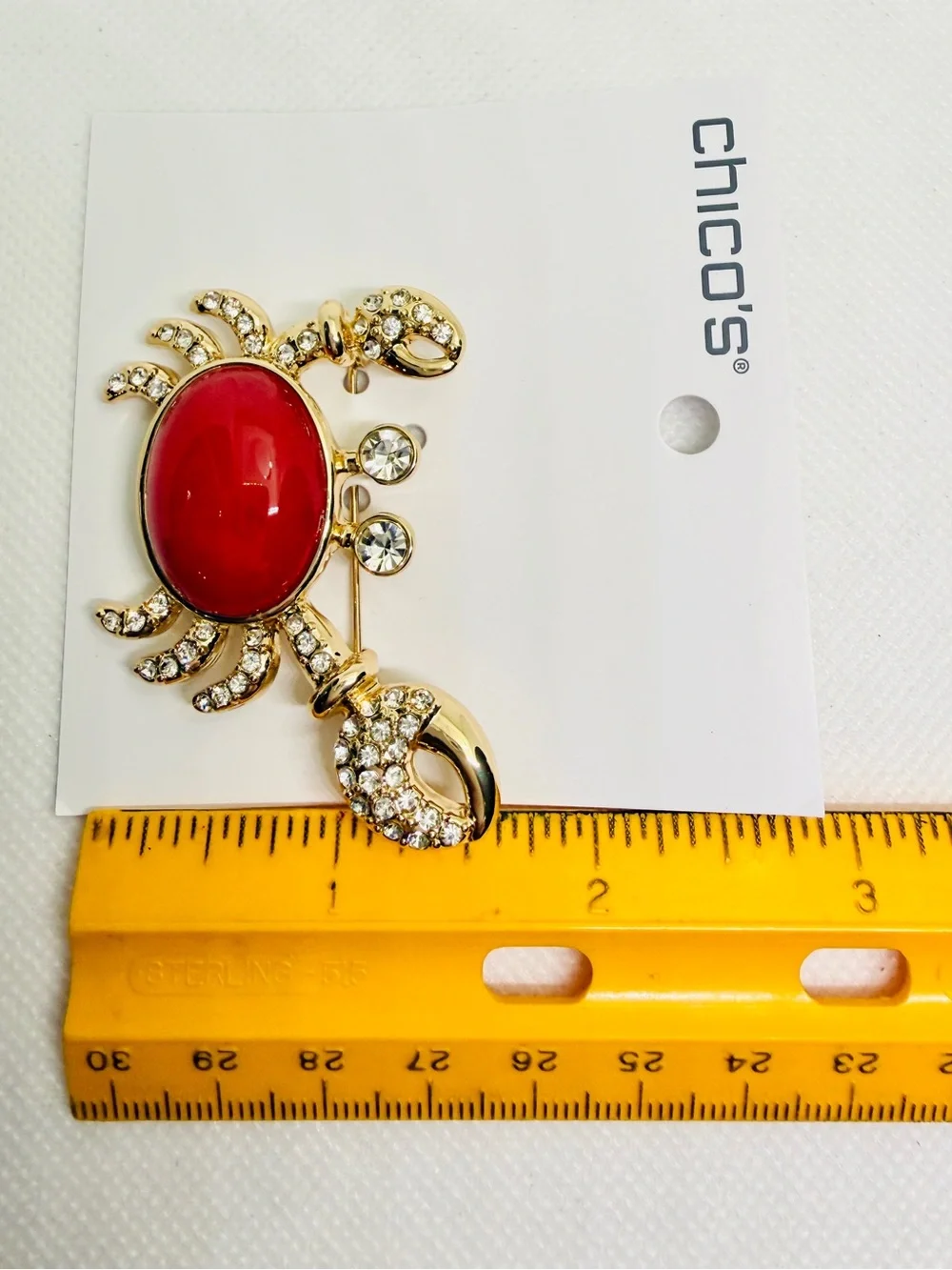 Chico's Brooch Gold-Tone Crab with Red Enamel and Crystal Accents. New.